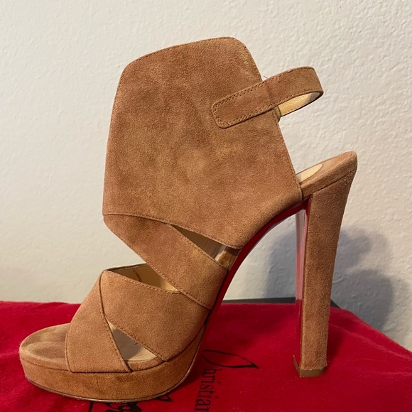 Louboutin brown suede sandal ankle wrap bootie 37.5 - Picture 5 of 15